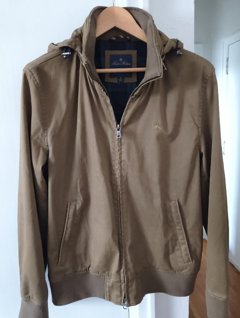 Brooks Brothers Hooded Cotton Bomber Jacket, Olive, Size Medium